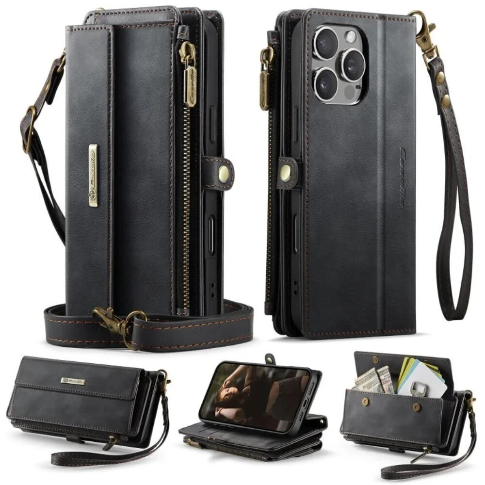 CaseMe Leather Folio Style Wallet Phone Case Zip Magnetic Close Card Slots